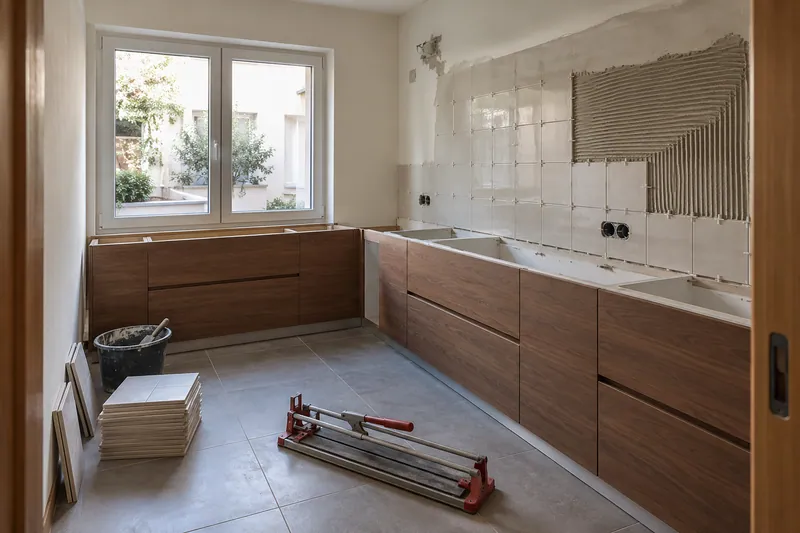 Visualización conceptual IA: Colocación de azulejos con separadores y adhesivo sobre una pared de cocina.