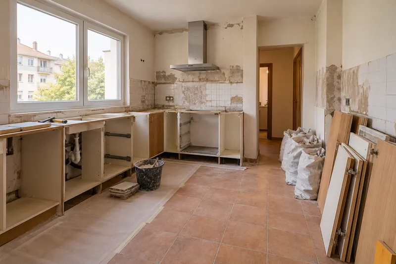 Visualización conceptual IA: Retirada de muebles y revestimientos al comienzo de una reforma de cocina.