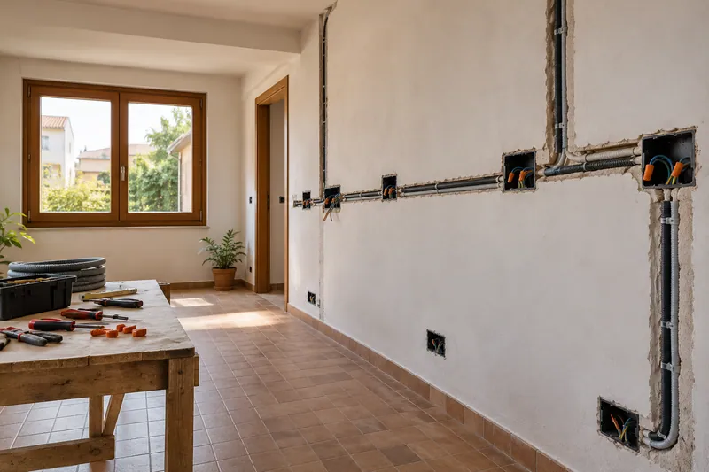 Visualización conceptual IA: Canalizaciones y cajas eléctricas durante la preparación de una cocina.