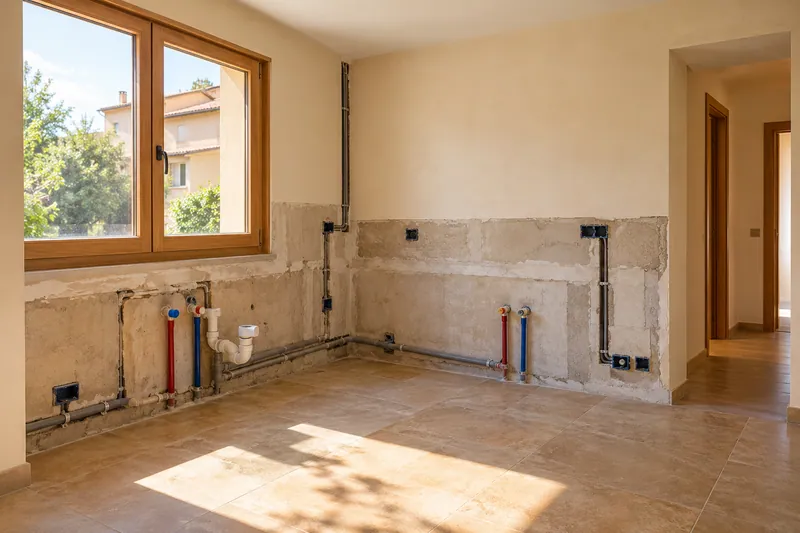 Visualización conceptual IA: Tuberías de suministro y desagüe durante la renovación de una cocina.