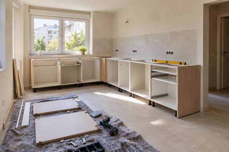 Visualización conceptual IA: Módulos de cocina en montaje con puertas pendientes de colocar.