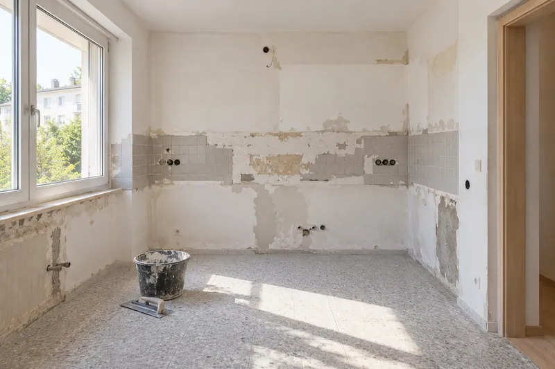 Visualización conceptual IA: Cocina sin muebles con paredes en preparación y zonas de enlucido.